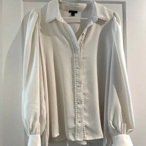 NWT Ann Taylor Bobble Trim Collared Puff Sleeve Shirt - M